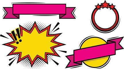 Comic book speech bubble boom blast vector frame template pop art halftone explosion star ribbon banner text box element set © PUTUL