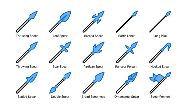 Assorted spear icons showing various spear types on white background