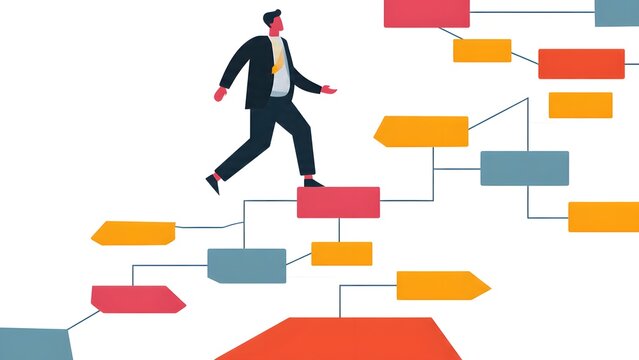 Professional Man Walking Across Colorful Flowchart Paths