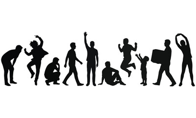 Obraz premium Assortment of black human silhouettes depicting a range of actions and emotions, isolated on white.