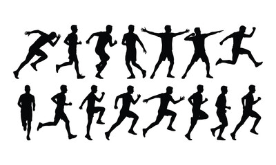 Obraz premium Collection of male runner silhouettes in various dynamic running poses and actions on white background.