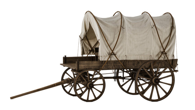 Isolated traditional wooden covered wagon with canvas top, historical frontier transportation.