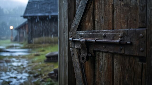 hasp. Weathered barn door with a heavy metal hasp swaying in a rainy atmosphere. real-estate listings, architecture portfolios, designed for architectural facade and classical detail presentations.