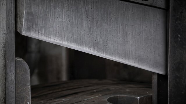 guillotine. Close-up of a guillotine blade with a sharp edge in a dark industrial setting. safety posters, maintenance manuals, designed for precision metalworking and fabrication facilities.