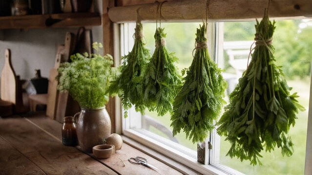 lovage. Rustic kitchen windowsill with bundles of drying lovage herbs on a wooden surface in soft afternoon light. menu design.