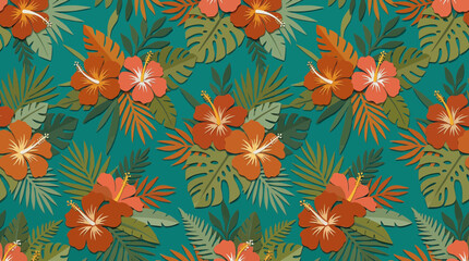 Vibrant Tropical Floral Pattern with Hibiscus Flowers and Palm Leaves © Prasetyo