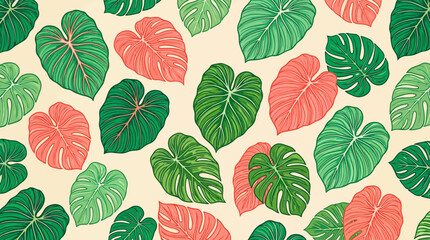 Tropical Leaf Pattern: Green and Coral Philodendron and Monstera Leaves © Prasetyo