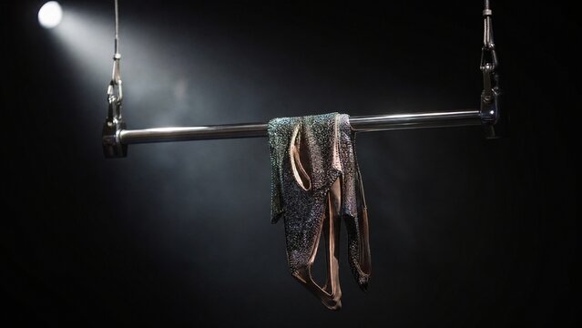 aerialist. Polished silver aerialist bar with sequined costume draped over it, spotlight. product launch decks, UI/UX mockups, designed for data visualization dashboards and holographic UIs.