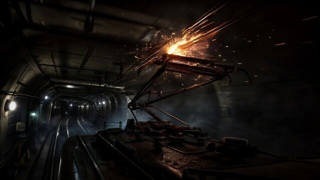 pantograph. Train's pantograph sliding against wires in dark tunnel with motion blur and sparks. mobility guides, transit brochures, designed for transport & logistics marketing.