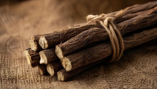 longitudinal. Bundle of dried licorice roots on burlap fabric, textural detail. gardening catalogs, home-decor guides, designed for gardening and botanical catalogs, used by art directors.