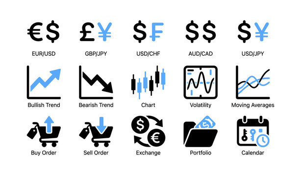 Finance and trading icons showing currency pairs and charts