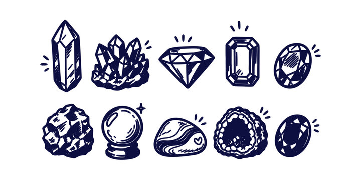 Magic crystal and precious gemstone doodle icon set with quartz geode diamond and crystal ball vector illustration