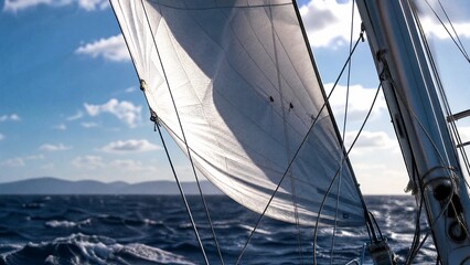 Fototapeta premium mast. A white sail billowing in strong wind on a sunlit blue sea. mobility guides, transit brochures, designed for transport & logistics marketing and mobility and urban transit guides.