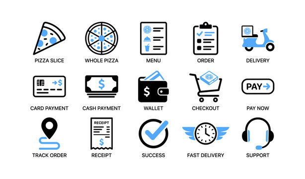 Pizza ordering icons for menu delivery and payment on white