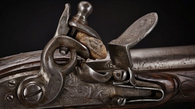 flintlock. Close-up detail of ornate flintlock pistol focusing on flint against frizzen. product launch decks, UI/UX mockups, designed for data visualization dashboards and holographic UIs.
