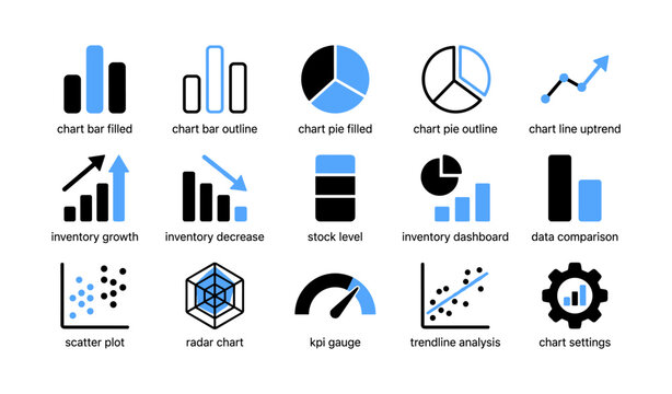 Data and inventory chart icons arranged in grid on white background