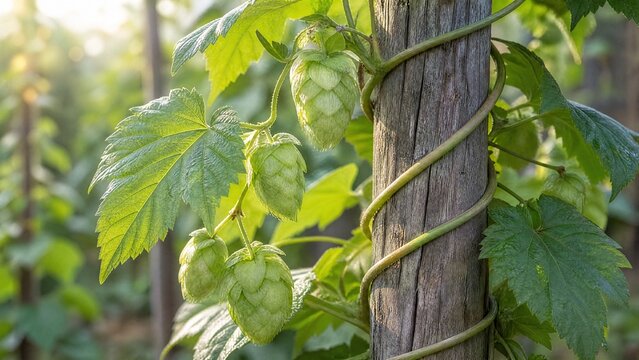 bine. Hops vine with soft stems twining around a weathered wooden stake, green leaves, morning light. gardening catalogs, home-decor guides, designed for home decor and floral branding.