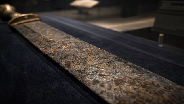 gladius. Ancient rust-pitted Roman gladius displayed on dark velvet, extreme close-up on the blade. event programs, museum guides, designed for cultural heritage projects and event programs.