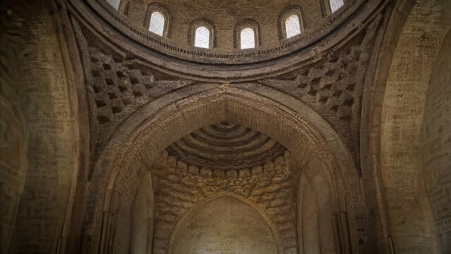 squinch. A stone squinch arch supporting a dome inside an ancient mosque. event programs, museum guides, designed for cultural heritage projects and event programs, preserves heritage.