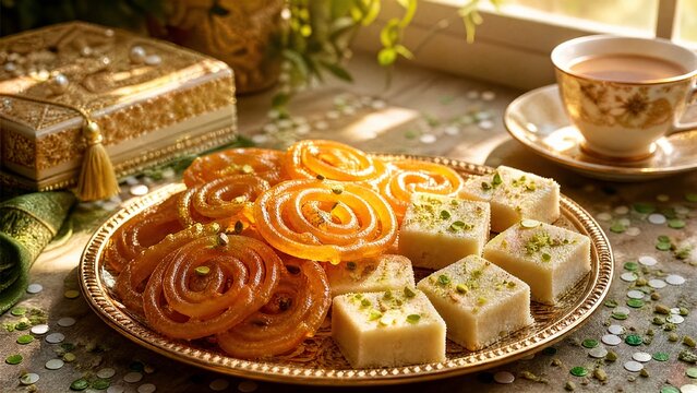 jalebi. Golden jalebi and white barfi on festive plate, edible confetti, chai cup, Pakistani sweets celebration concept for Independence Day. event programs.