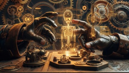 Fototapeta premium Steampunk hands interact with a holographic skeleton