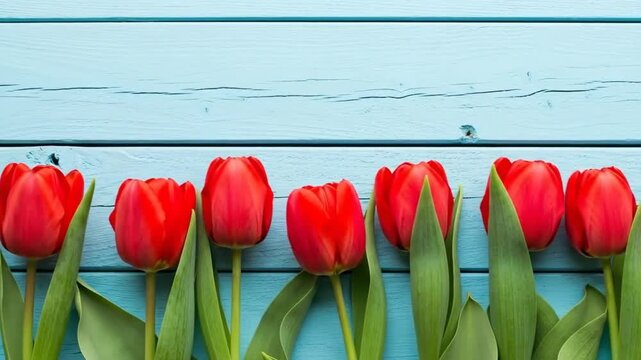 A beautiful row of vibrant red tulips arranged on a rustic light blue wood