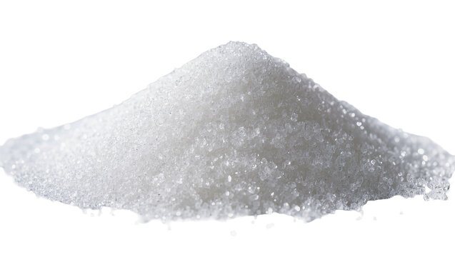 Isolated pile of granulated white sugar crystals forming a heap, sweet food ingredient