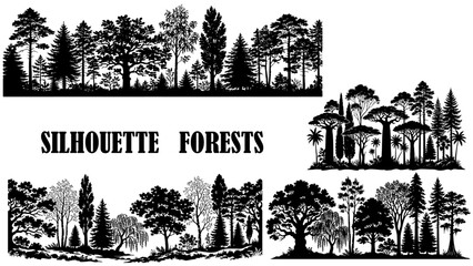 Fototapeta premium Forest Trees Silhouette Landscape Collection Featuring Natural Woodland Scenes, Rustic Outdoor Views, Wild Nature Artwork, and Scenic Botanical Designs.