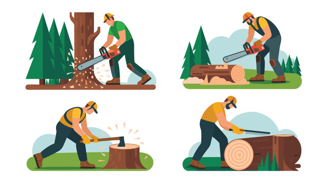 Collection of lumberjacks in safety gear using chainsaws and axes to cut down trees and chop wood in a forest.