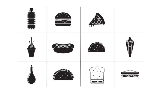 burger, taco, pizza, hot dog, soda and fries icons set