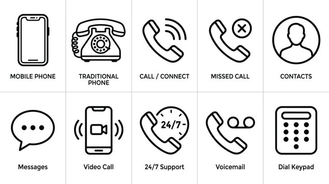 Phone icons collection mobile traditional call connect missed contacts message video support voicemail.