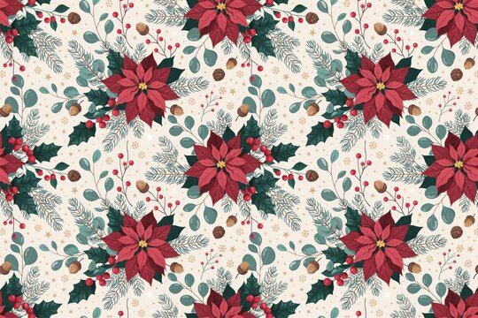 Seamless pattern of christmas poinsettia flowers, holly berries, pine branches, and acorns on a light beige background, for holiday decor