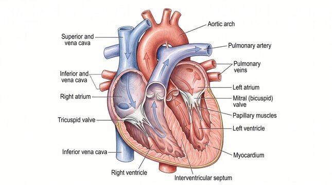 Anatomical Diagram of the Human Heart with Detailed Labels Showing Ventricles, Atrium, Valves, Myocardium, and Aorta; Cross Section Medical Illustration for Healthcare and Biology Education