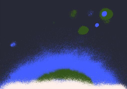 Grainy abstract gradient, textured noisy background. Glowing dust, blur particles, grain, rough light effect in space. Cosmic blurry stains, radiant spray, night noise. Flat vector illustration