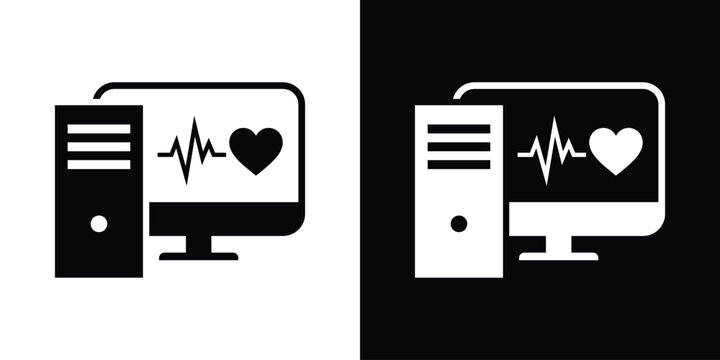 Computer monitor displaying heart rate ecg pulse with cpu tower. Medical diagnostic software icon for patient tracking and electronic health data.