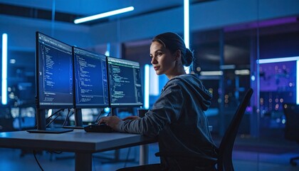 Fototapeta premium A focused female programmer codes on multiple monitors in a futuristic neonlit office at night, embodying technological innovation, deep concentration, and cybersecurity.
