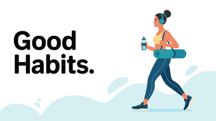 Fototapeta premium Athletic woman listens to music while walking to her workout session carrying a yoga mat and a bottle of water to promote good habits.
