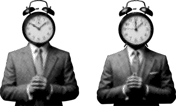 Two men with alarm clocks on their heads wearing business suits and ties