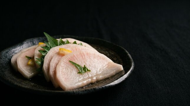 漆黒の背景に美しく際立つ日本の伝統食、カブの漬物。透き通るような純白の半月切りと上質な黒皿の佇まいが、ドラマチックな陰影で格式高く映えるクローズアップポートレート