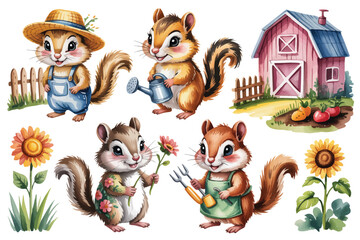 Obraz premium watercolor Chipmunk with farm home vector illustration isolated on white background