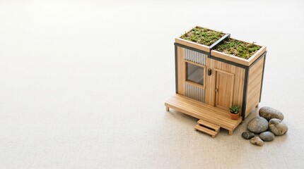 Fototapeta premium Miniature wooden house model with greenery on rooftop and stones 