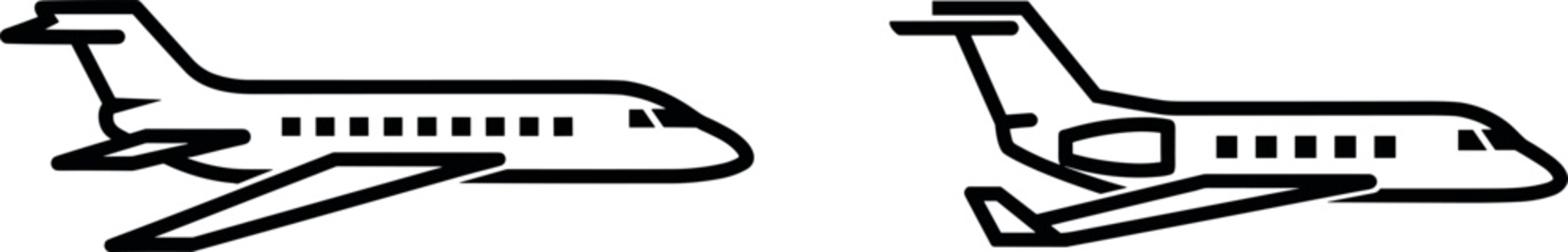 Private business jet airplane vector outline icon set illustration of luxury aircraft flying for corporate travel,