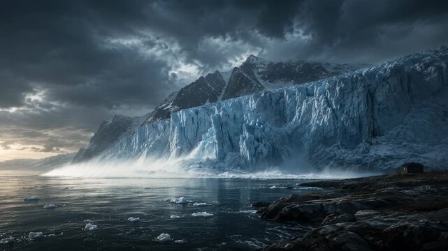 Massive glacier collapsing into the ocean water. Huge ice chunk falling from coastal cliff creating giant splash wave. Environmental climate change catastrophe event.