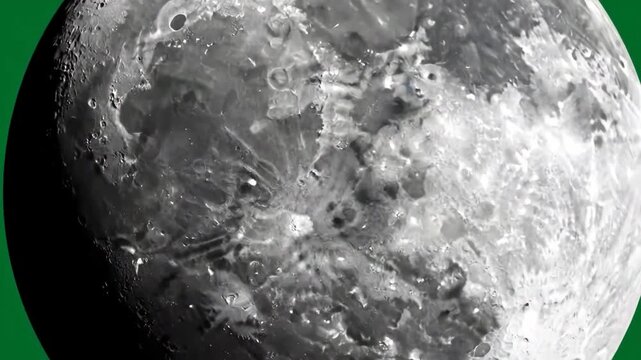 A detailed close up view of the moon surface against a solid green background