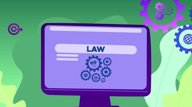 Recruitment and hiring process illustration, featuring a computer screen with "Law" typography