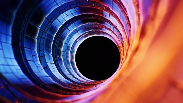 Neon technological ring tunnel with cube board structure, 3d rendering.