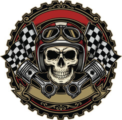 Fototapeta premium Vintage skull with racing helmet and checkered flags illustration