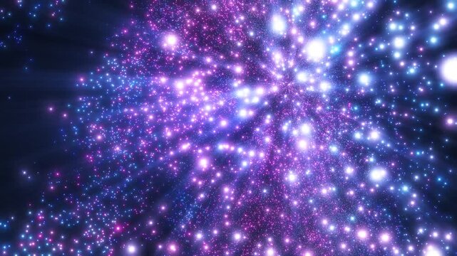 Blue and pink glowing particles collide in a vibrant cosmic explosion, creating an abstract energy field with motion, depth, and light.