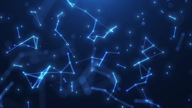 Glowing blue connected nodes form an abstract digital network, visualizing data flow, communication, and futuristic technology systems.
