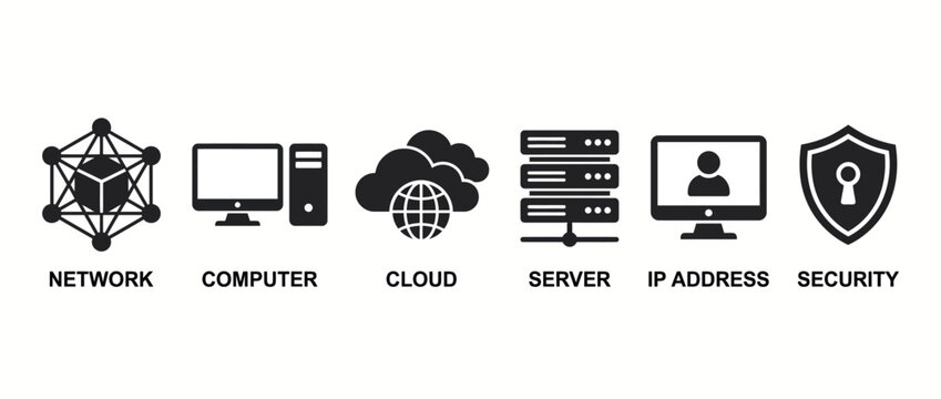 Set of it infrastructure icons including network, computer, cloud, server, ip address and security